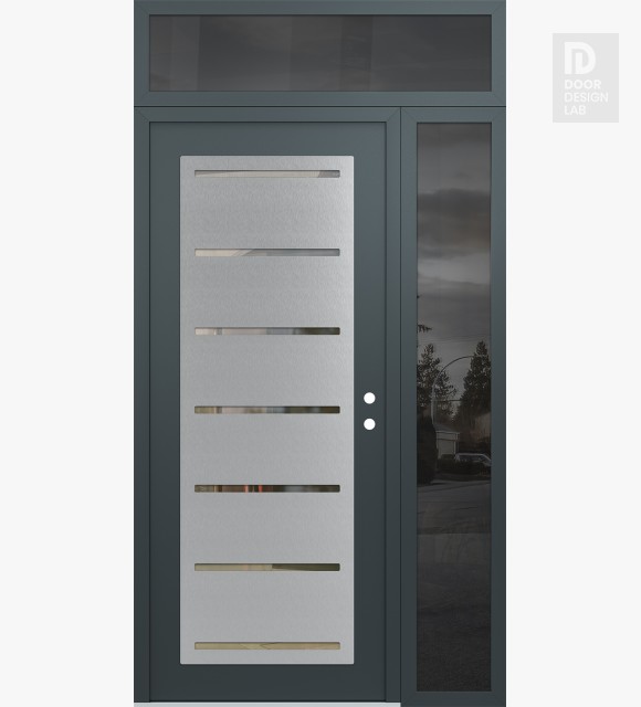 Modern Steel Front Door Diamond C11 48" x 96" anthracite/anthracite clear Glass Panel stainless steel LHI with Sidelite and Transom mirrored Glass