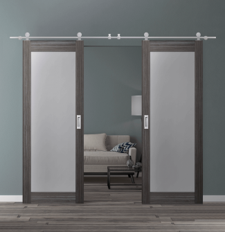 DOUBLE BARN DOOR PALLADIO 207 VETRO GRAY OAK 36" X 84" X 1 9/16" TEMPERED FROSTED GLASS STAINLESS STEEL HARDWARE