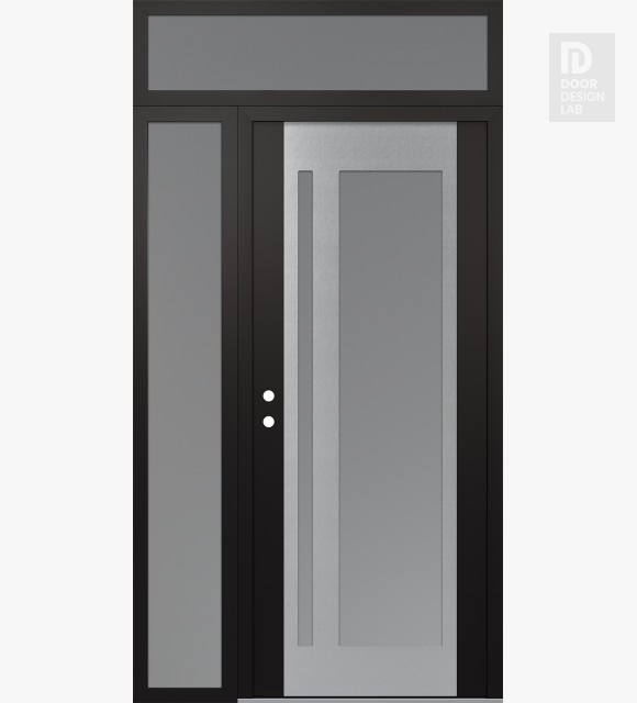 Modern Steel Front Door Diamond C15 48" x 96" black/white frosted Glass Panel stainless steel RHI with Sidelite and Transom frosted Glass