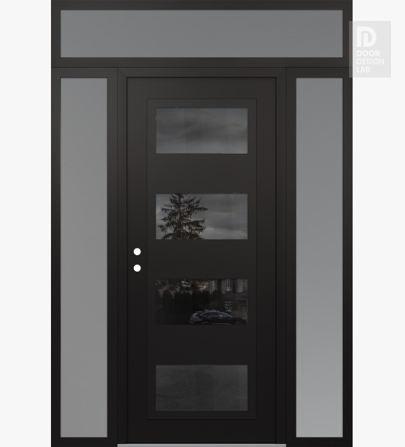 Modern Steel Front Door Diamond C2 64" x 96" black/black mirrored Glass Panel black RHI with 2 Sidelites and Transom frosted Glass