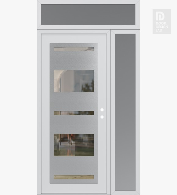 Modern Steel Front Door Diamond C10 52" x 96" white/white clear Glass Panel stainless steel LHI with Sidelite and Transom frosted Glass