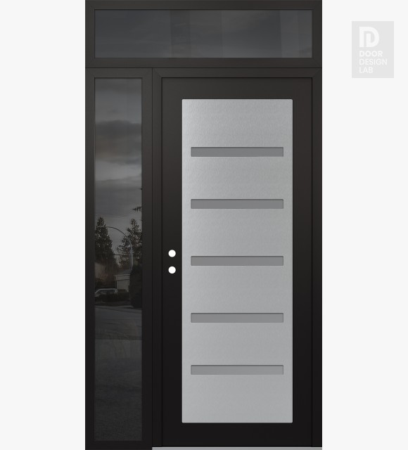 Modern Steel Front Door Diamond C7 50" x 96" black/white frosted Glass Panel stainless steel RHI with Sidelite and Transom mirrored Glass