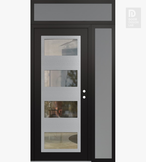 Modern Steel Front Door Diamond C2 50" x 96" black/black clear Glass Panel stainless steel LHI with Sidelite and Transom frosted Glass