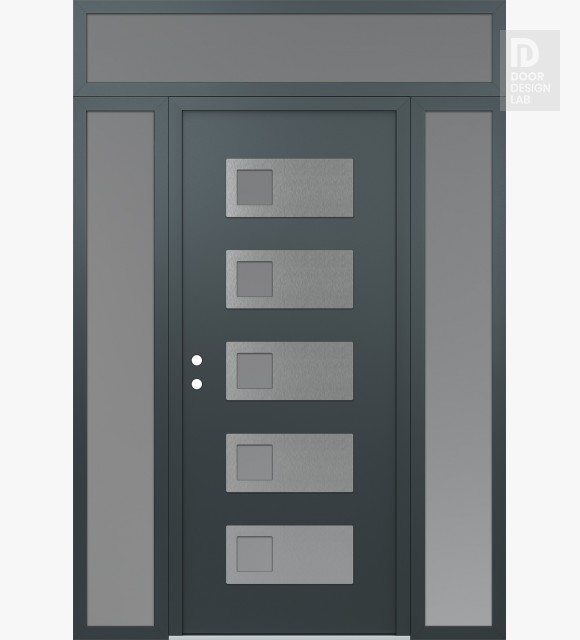 Modern Steel Front Door Diamond D2 60" x 96" anthracite/anthracite frosted Glass Panel stainless steel RHI with 2 Sidelites and Transom frosted Glass