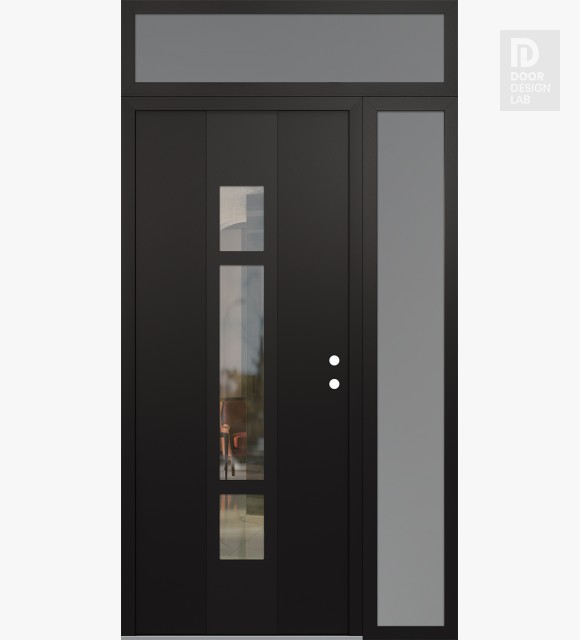 Modern Steel Front Door DIAMOND A9 52" X 96" BLACK/BLACK CLEAR GLASS PANEL BLACK LHI WITH SIDELITE AND TRANSOM FROSTED GLASS