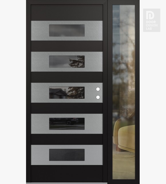 Modern Steel Front Door Diamond D5 52" x 80" black/black mirrored Glass Panel stainless steel LHI with Sidelite clear Glass