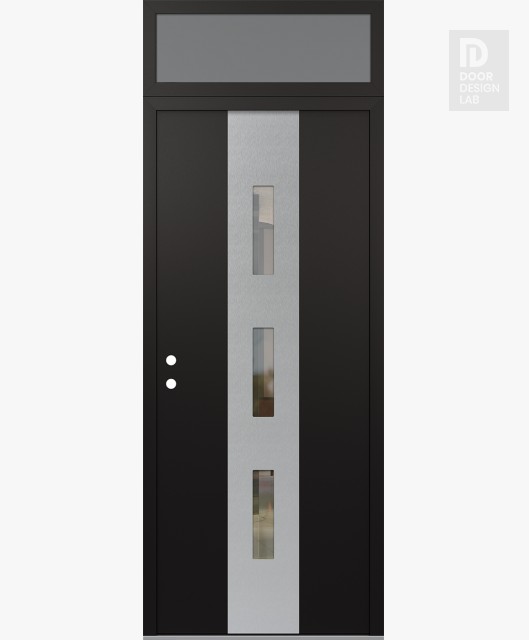 Modern Steel Front Door DIAMOND A7 36" X 96" BLACK/BLACK CLEAR GLASS PANEL STAINLESS STEEL RHI WITH TRANSOM FROSTED GLASS
