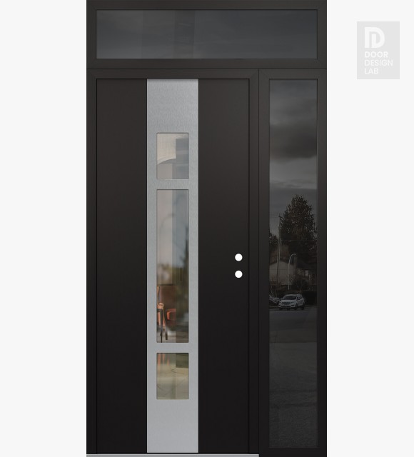 Modern Steel Front Door DIAMOND A9 48" X 96" BLACK/BLACK CLEAR GLASS PANEL STAINLESS STEEL LHI WITH SIDELITE AND TRANSOM MIRRORED GLASS