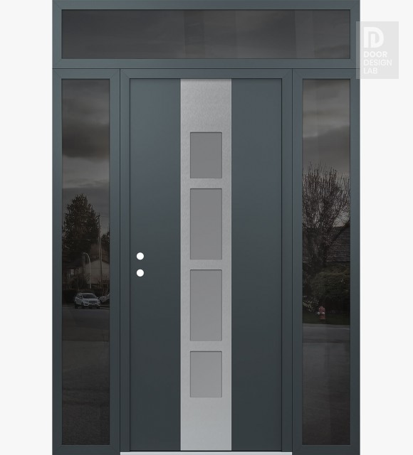 Modern Steel Front Door DIAMOND A10 68" X 96" ANTHRACITE/ANTHRACITE FROSTED GLASS PANEL STAINLESS STEEL RHI WITH 2 SIDELITES AND TRANSOM MIRRORED GLASS