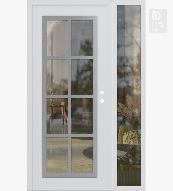 Modern Steel Front Door Diamond C16 52" x 80" white/white clear Glass Panel stainless steel LHI with Sidelite clear Glass