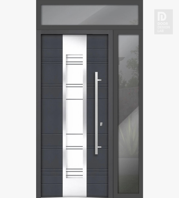 Front Exterior Prehung Steel Door / Deux 0757 Gray Graphite / Side and Top Exterior Window / Stainless Inserts Single Modern Painted-W36+12" x H80+16"-Left-hand Inswing