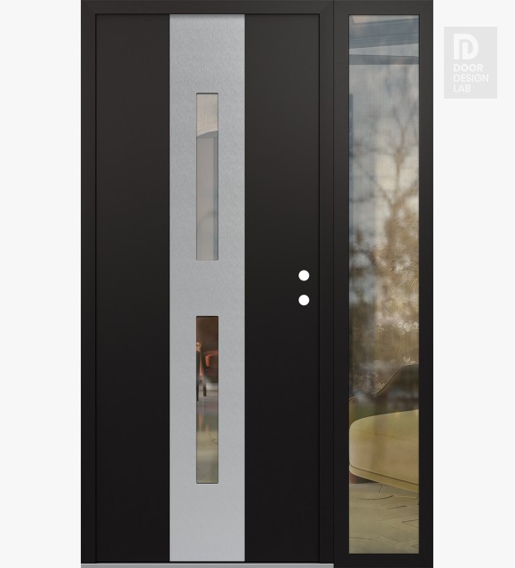 Modern Steel Front Door DIAMOND A6 50" X 80" BLACK/BLACK CLEAR GLASS PANEL STAINLESS STEEL LHI WITH SIDELITE CLEAR GLASS