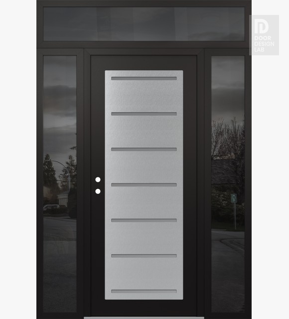 Modern Steel Front Door Diamond C11 64" x 96" black/white frosted Glass Panel stainless steel RHI with 2 Sidelites and Transom mirrored Glass