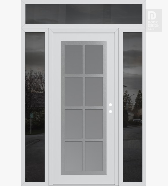 Modern Steel Front Door Diamond C16 60" x 96" white/white frosted Glass Panel stainless steel LHI with 2 Sidelites and Transom mirrored Glass