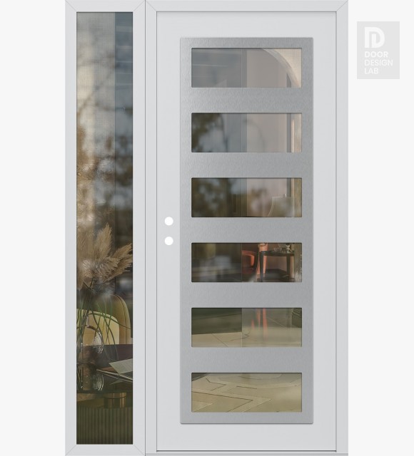 Modern Steel Front Door Diamond C9 48" x 80" white/white clear Glass Panel stainless steel RHI with Sidelite clear Glass