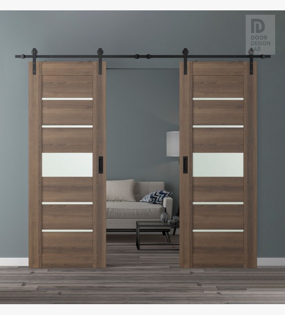 DOUBLE BARN DOOR AVON 07-06 VETRO PECAN NUTWOOD 48" X 96" X 1 3/4" BLACK HARDWARE
