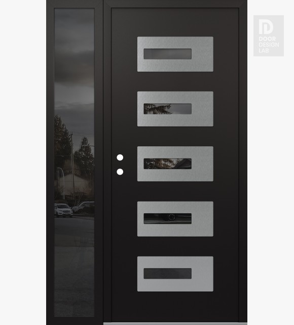 Modern Steel Front Door Diamond D6 48" x 80" black/black mirrored Glass Panel stainless steel RHI with Sidelite mirrored Glass