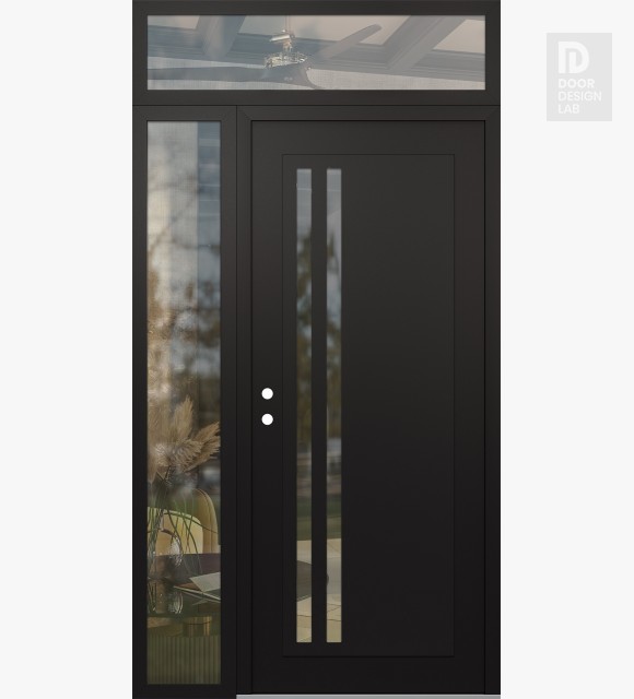 Modern Steel Front Door Diamond C6 52" x 96" black/black clear Glass Panel black RHI with Sidelite and Transom clear Glass