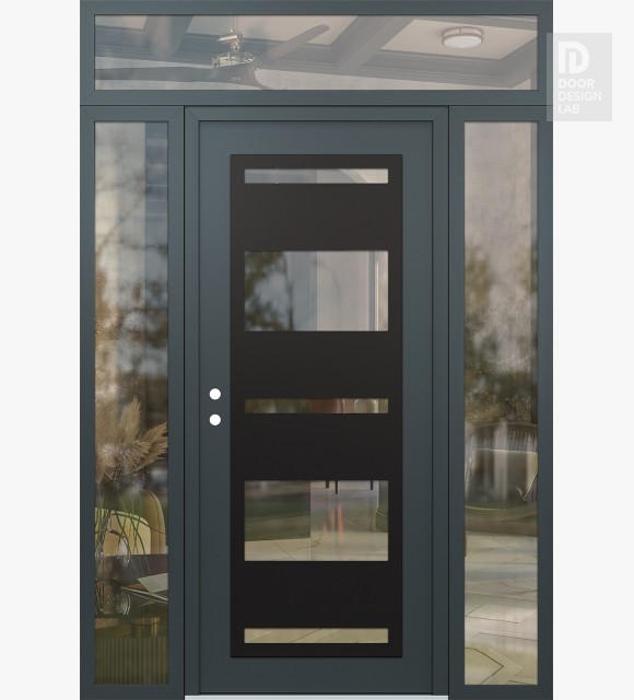 Modern Steel Front Door Diamond C10 64" x 96" anthracite/anthracite clear Glass Panel black RHI with 2 Sidelites and Transom clear Glass