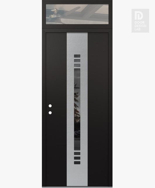Modern Steel Front Door DIAMOND A5 36" X 96" BLACK/BLACK MIRRORED GLASS PANEL STAINLESS STEEL RHI WITH TRANSOM CLEAR GLASS
