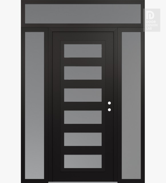 Modern Steel Front Door Diamond C9 64" x 96" black/white frosted Glass Panel black LHI with 2 Sidelites and Transom frosted Glass