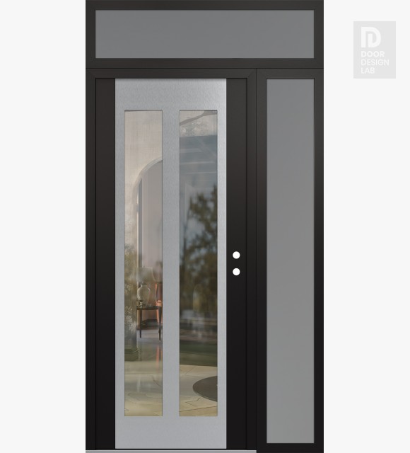 Modern Steel Front Door Diamond C14 50" x 96" black/black clear Glass Panel stainless steel LHI with Sidelite and Transom frosted Glass