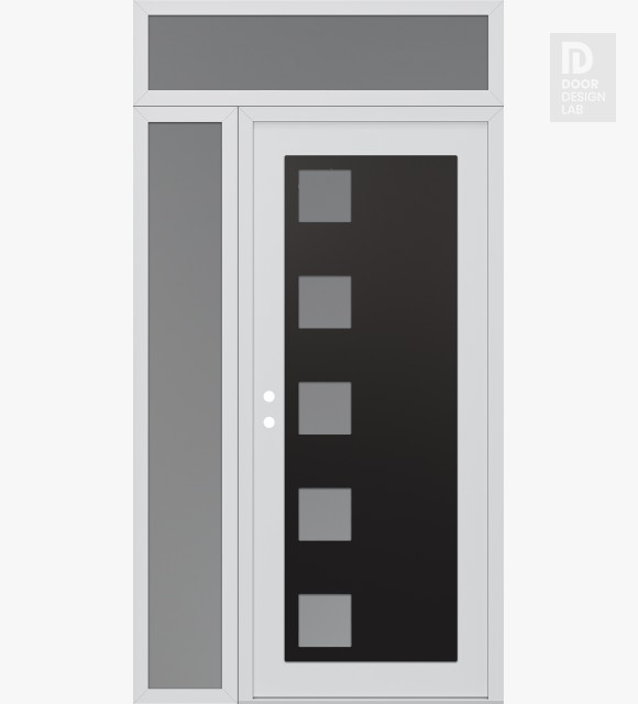 Modern Steel Front Door Diamond C5 52" x 96" white/white frosted Glass Panel black RHI with Sidelite and Transom frosted Glass