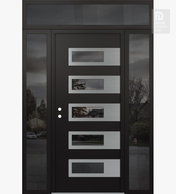 Modern Steel Front Door Diamond D3 60" x 96" black/black mirrored Glass Panel stainless steel RHI with 2 Sidelites and Transom mirrored Glass