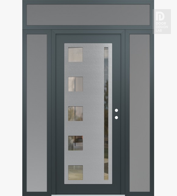Modern Steel Front Door Diamond C3 60" x 96" anthracite/anthracite clear Glass Panel stainless steel LHI with 2 Sidelites and Transom frosted Glass