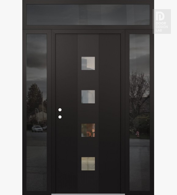 Modern Steel Front Door DIAMOND A12 60" X 96" BLACK/BLACK CLEAR GLASS PANEL BLACK RHI WITH 2 SIDELITES AND TRANSOM MIRRORED GLASS