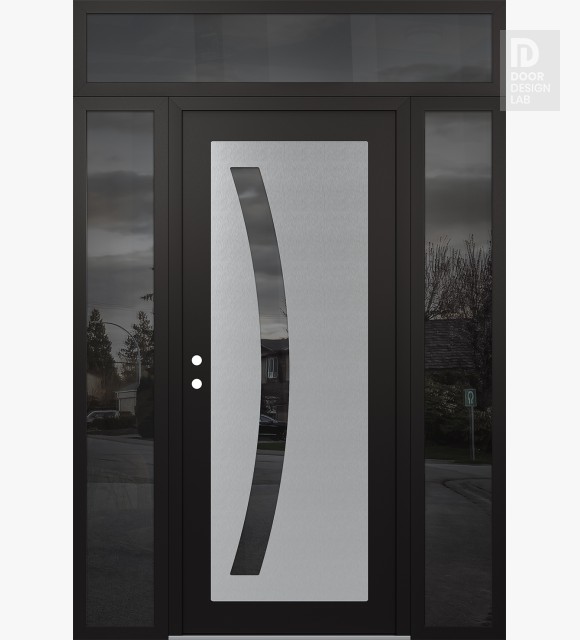 Modern Steel Front Door Diamond C4 68" x 96" black/black mirrored Glass Panel stainless steel RHI with 2 Sidelites and Transom mirrored Glass