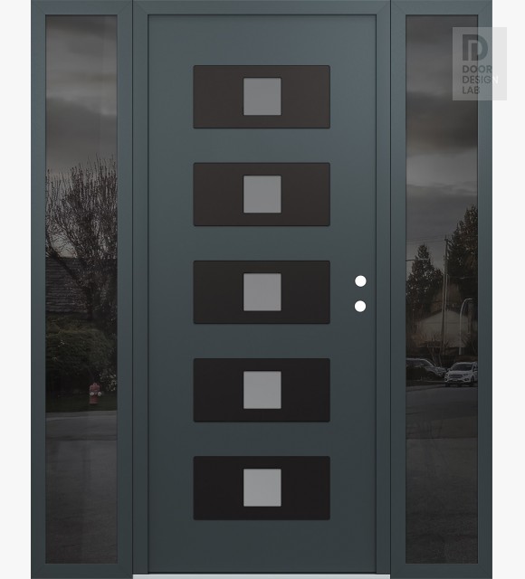 Modern Steel Front Door Diamond D8 68" x 80" anthracite/anthracite frosted Glass Panel black LHI with 2 Sidelites mirrored Glass