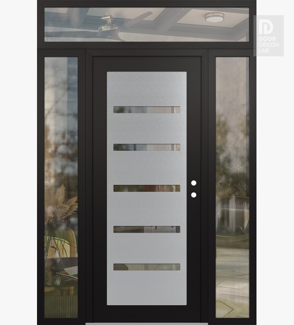 Modern Steel Front Door Diamond C7 60" x 96" black/black clear Glass Panel stainless steel LHI with 2 Sidelites and Transom clear Glass