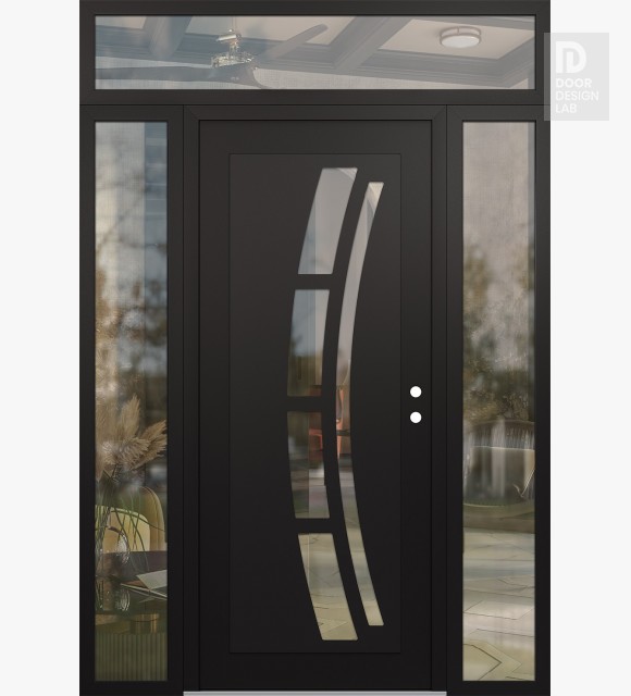 Modern Steel Front Door Diamond C12 68" x 96" black/black clear Glass Panel black LHI with 2 Sidelites and Transom clear Glass