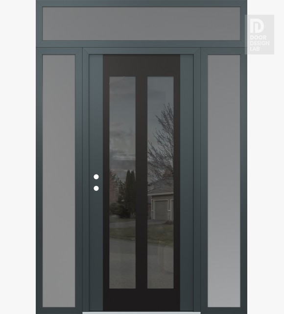 Modern Steel Front Door Diamond C14 60" x 96" anthracite/anthracite mirrored Glass Panel black RHI with 2 Sidelites and Transom frosted Glass