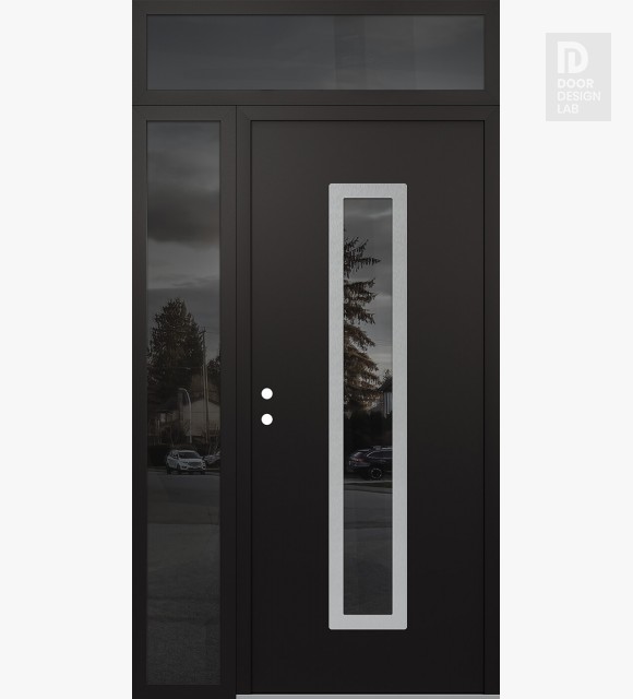 Modern Steel Front Door DIAMOND A11 48" X 96" BLACK/BLACK MIRRORED GLASS PANEL STAINLESS STEEL RHI WITH SIDELITE AND TRANSOM MIRRORED GLASS