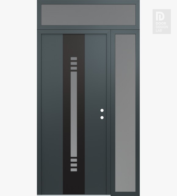 Modern Steel Front Door DIAMOND A5 50" X 96" ANTHRACITE/ANTHRACITE FROSTED GLASS PANEL BLACK LHI WITH SIDELITE AND TRANSOM FROSTED GLASS