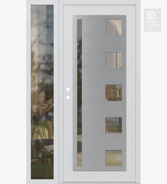 Modern Steel Front Door Diamond C3 52" x 80" white/white clear Glass Panel stainless steel RHI with Sidelite clear Glass