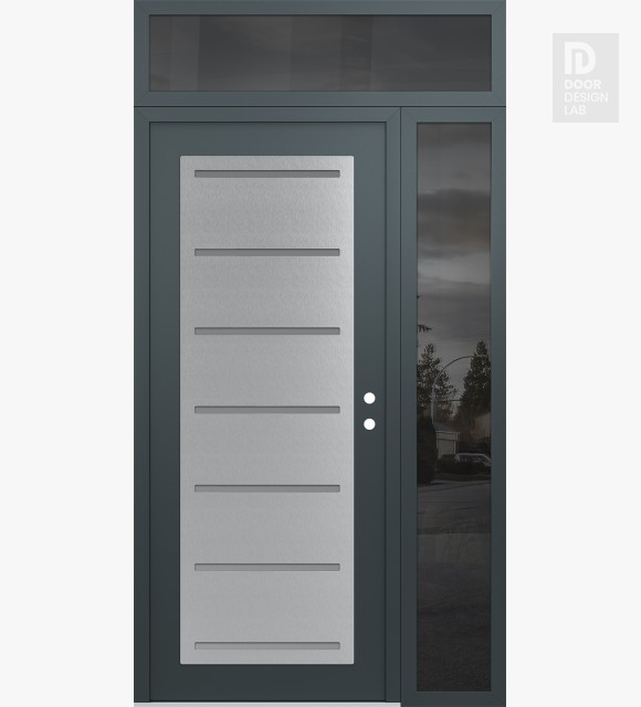 Modern Steel Front Door Diamond C11 52" x 96" anthracite/anthracite frosted Glass Panel stainless steel LHI with Sidelite and Transom mirrored Glass