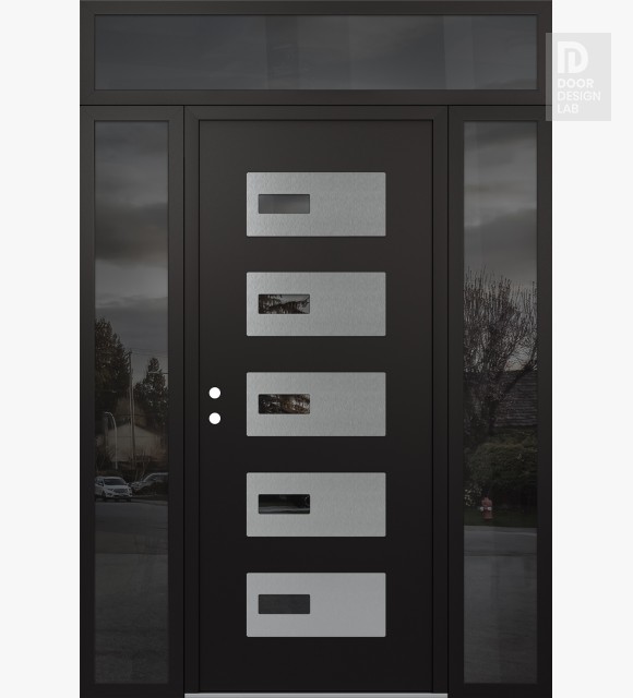 Modern Steel Front Door Diamond D7 64" x 96" black/black mirrored Glass Panel stainless steel RHI with 2 Sidelites and Transom mirrored Glass