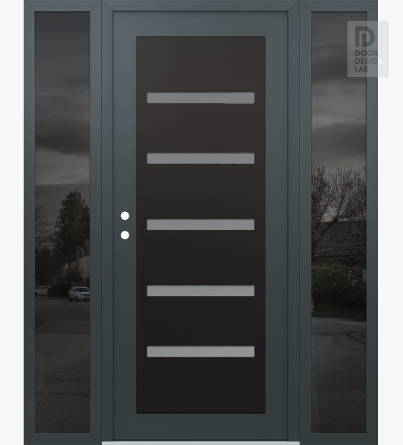 Modern Steel Front Door Diamond C7 68" x 80" anthracite/anthracite frosted Glass Panel black RHI with 2 Sidelites mirrored Glass