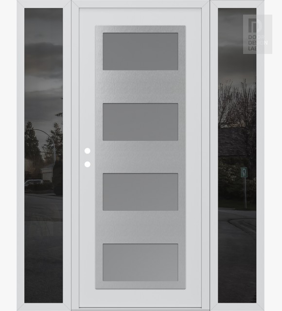 Modern Steel Front Door Diamond C2 68" x 80" white/white frosted Glass Panel stainless steel RHI with 2 Sidelites mirrored Glass