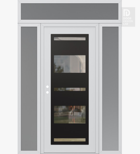 Modern Steel Front Door Diamond C10 68" x 96" white/white clear Glass Panel black RHI with 2 Sidelites and Transom frosted Glass