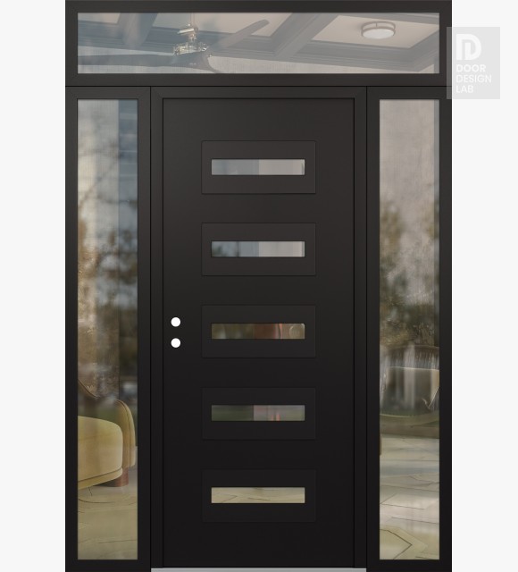 Modern Steel Front Door Diamond D4 68" x 96" black/black clear Glass Panel black RHI with 2 Sidelites and Transom clear Glass