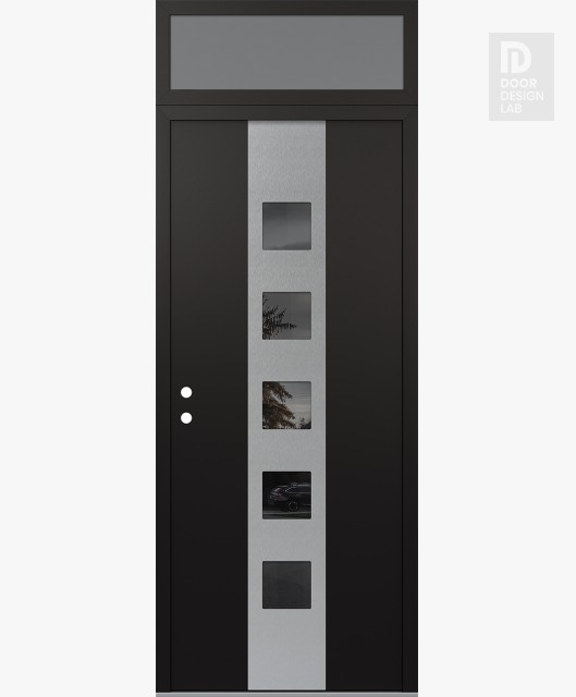 Modern Steel Front Door DIAMOND A13 36" X 96" BLACK/BLACK MIRRORED GLASS PANEL STAINLESS STEEL RHI WITH TRANSOM FROSTED GLASS