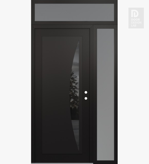 Modern Steel Front Door Diamond C13 48" x 96" black/black mirrored Glass Panel black LHI with Sidelite and Transom frosted Glass