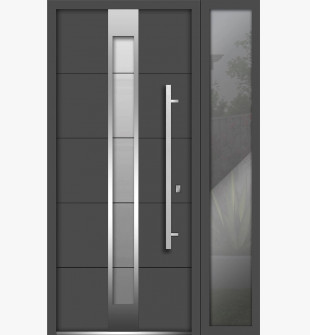 Front Exterior Prehung Steel Door / Deux 1717 Gray Graphite / Side Exterior Window / Stainless Inserts Single Modern Painted-W36+14" x H80"-Left-hand Inswing