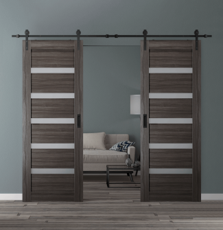 DOUBLE BARN DOOR LEORA VETRO GRAY OAK 48" X 80" X 1 9/16" BLACK HARDWARE