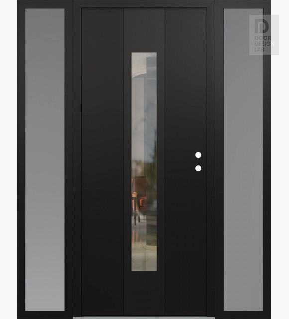 Modern Steel Front Door DIAMOND A1 68" X 80" BLACK/BLACK CLEAR GLASS PANEL BLACK LHI WITH 2 SIDELITES FROSTED GLASS