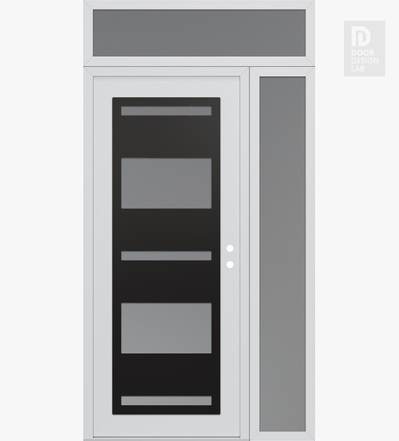 Modern Steel Front Door Diamond C10 52" x 96" white/white frosted Glass Panel black LHI with Sidelite and Transom frosted Glass